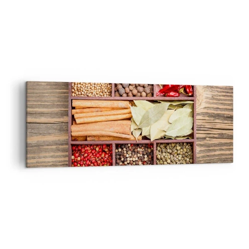 Bild auf Leinwand - Leinwandbild - Holzkiste mit verschiedenen Gewürzen in Fächern - 140x50cm - Ordnung der Formen, Bouquet von Aromen - Moderne Wanddekoration für Wohnzimmer und Schlafzimmer ARTTOR