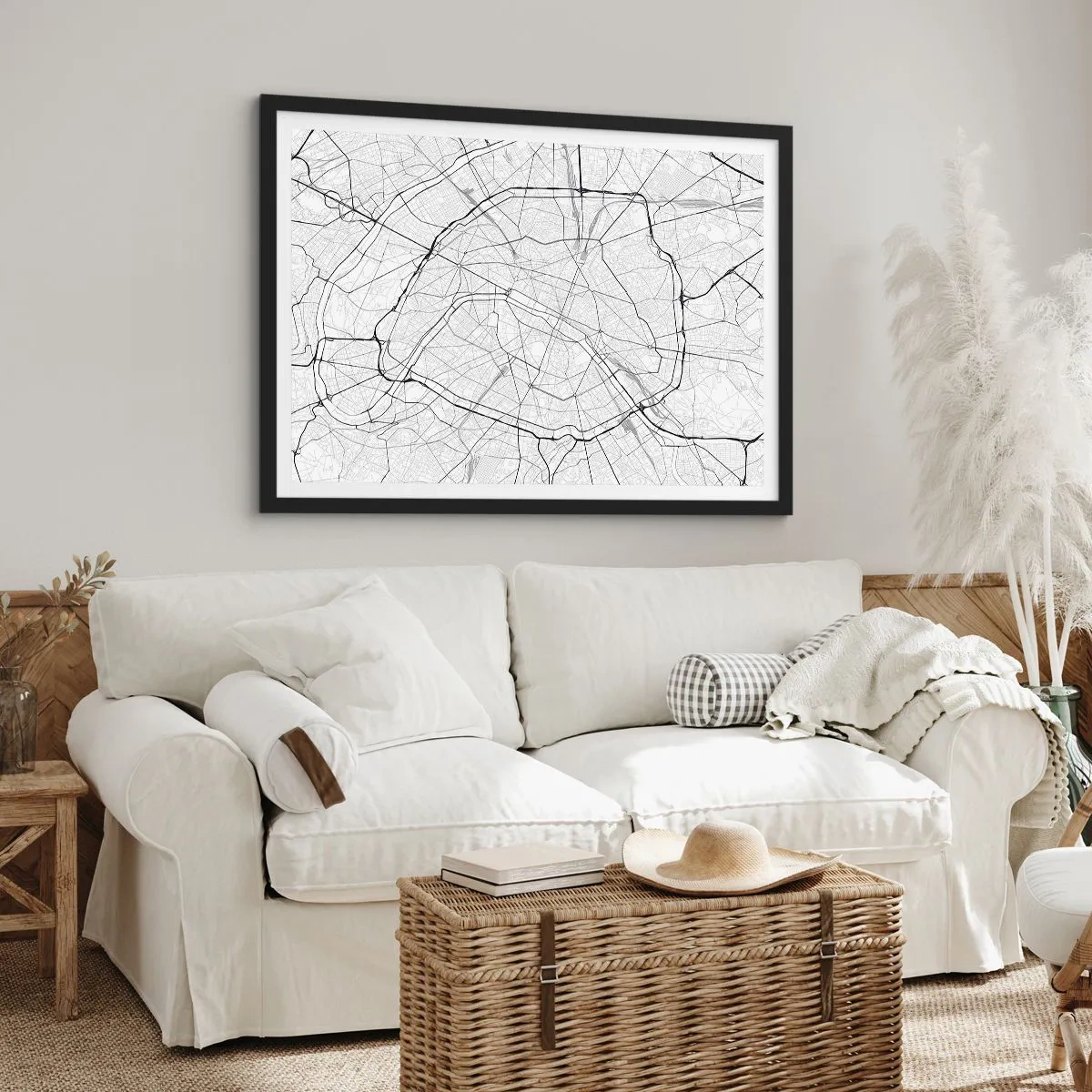 Poster in einem schwarzem Rahmen - Minimalistischer Stadtplan in Schwarz-Weiß - 70x50cm - Pariser Blume - Moderne Wanddekoration für Wohnzimmer und Schlafzimmer ARTTOR