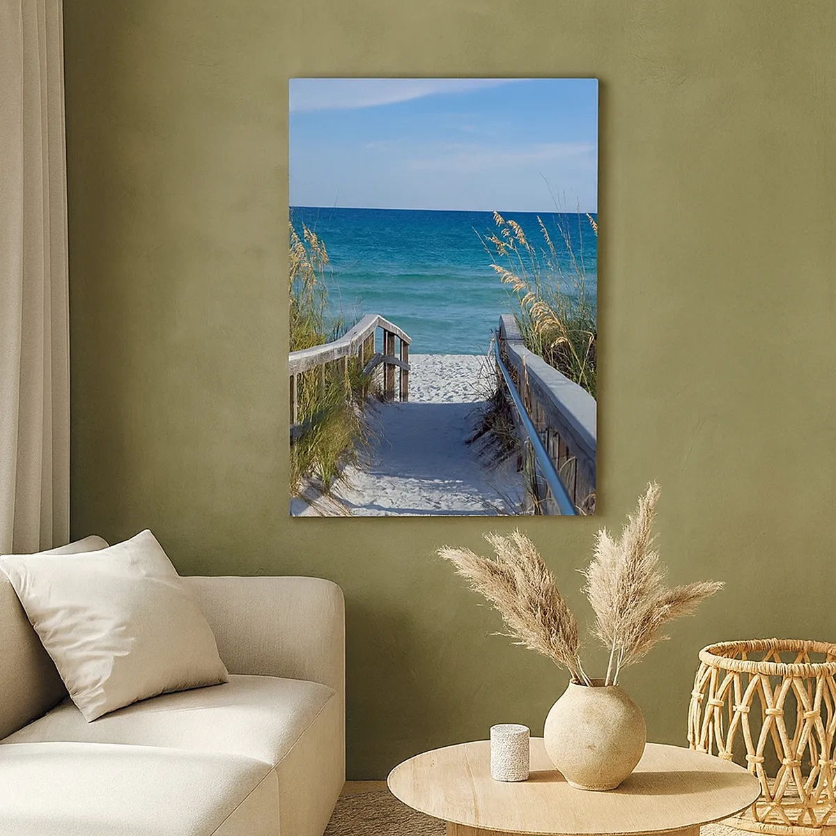 Bild auf Leinwand - Leinwandbild - Weg zum Strand mit Meerblick - 50x70cm - In der Sonne, im Wind - Moderne Wanddekoration für Wohnzimmer und Schlafzimmer ARTTOR