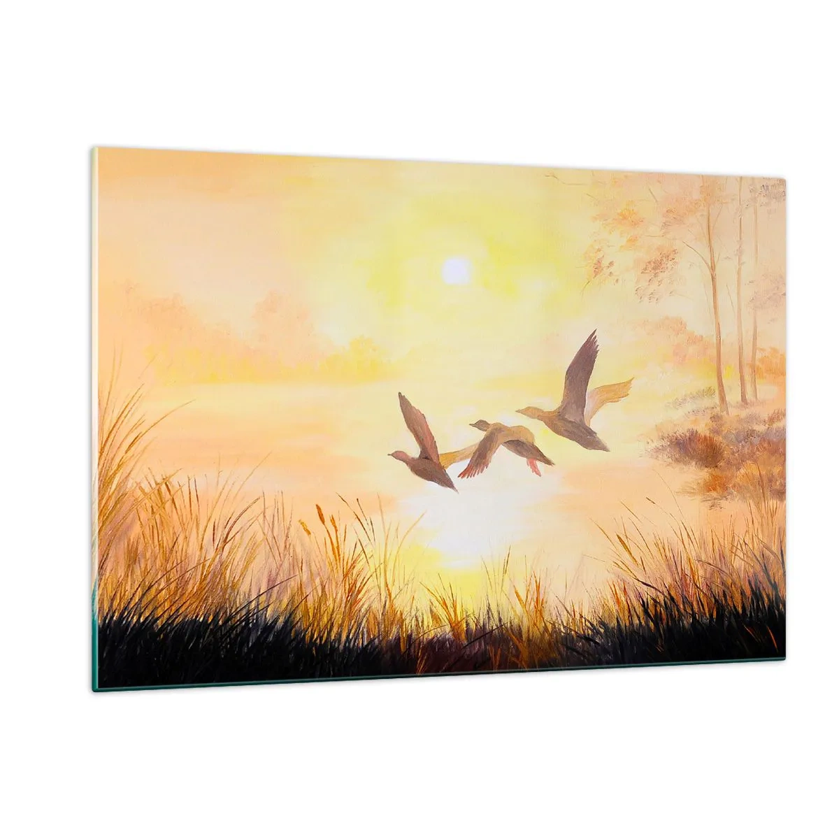 Glasbild - Bild auf glas - Drei Enten fliegen bei Sonnenaufgang über einen See - 120x80cm - Der Beginn einer langen Reise - Moderne Wanddekoration für Wohnzimmer und Schlafzimmer ARTTOR