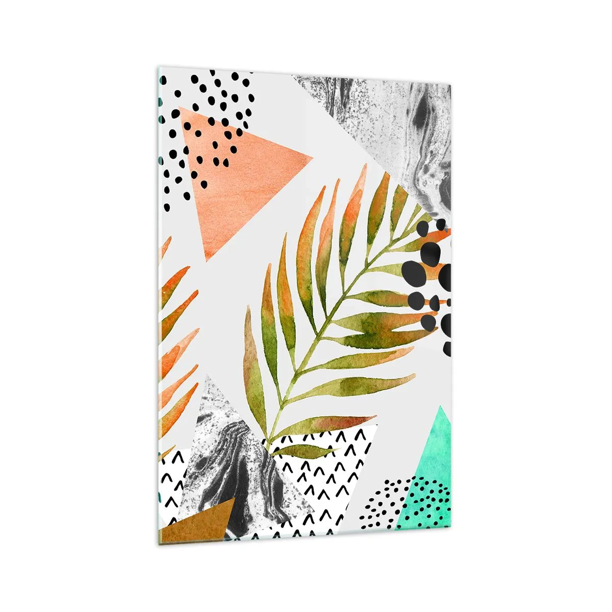 Glasbild - Bild auf glas - Tropisches Muster mit Blättern und geometrischen Formen - 70x100cm - Dekoration mit Palmblatt - Moderne Wanddekoration für Wohnzimmer und Schlafzimmer ARTTOR