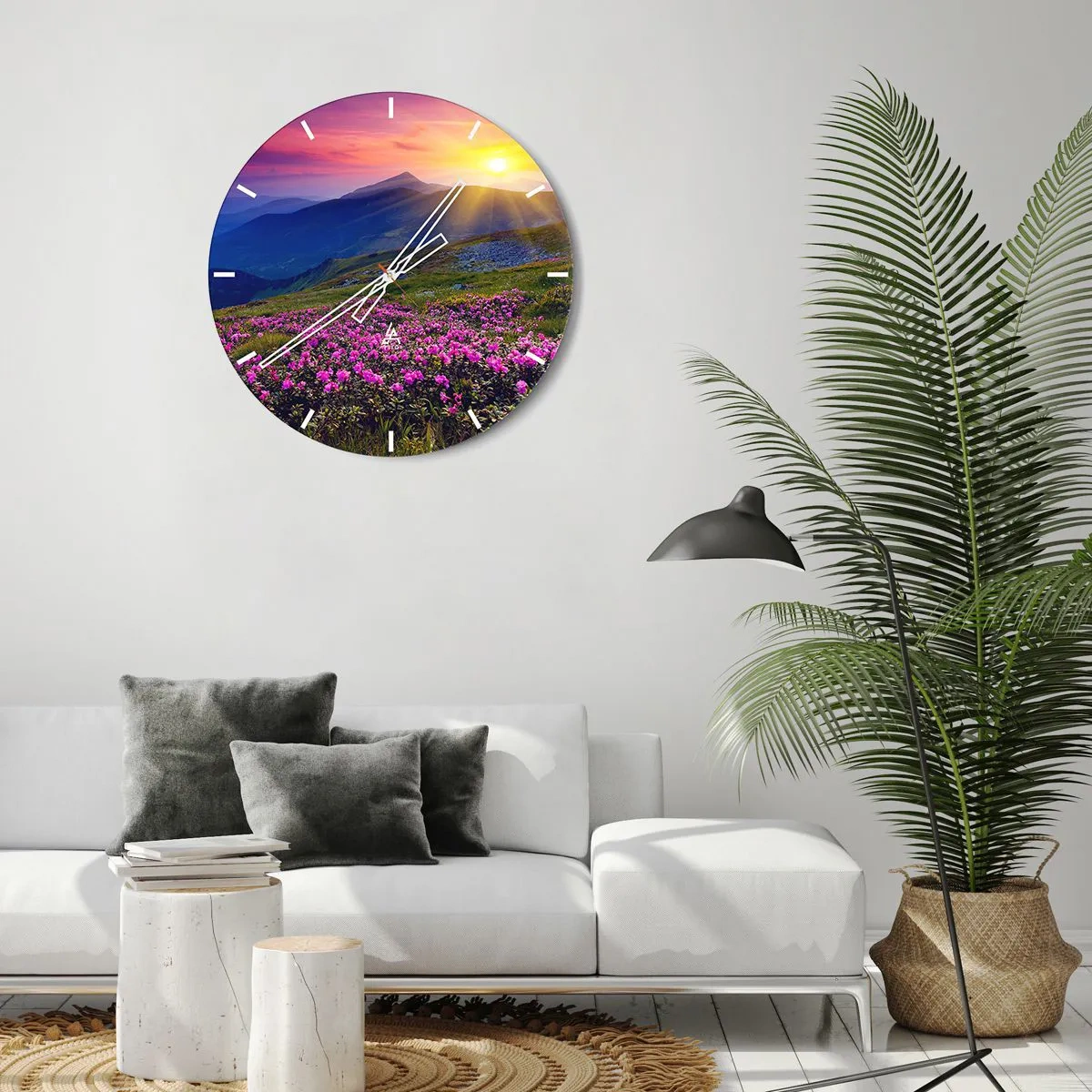 Wanduhr - Glasuhr - Berglandschaft bei Sonnenuntergang mit blühenden Blumen - 30x30cm - … Und drumherum duftet es nach Latschenkiefer und dem Duft von Kräutern - Moderne Wanddekoration für Wohnzimmer, Küche und Schlafzimmer ARTTOR