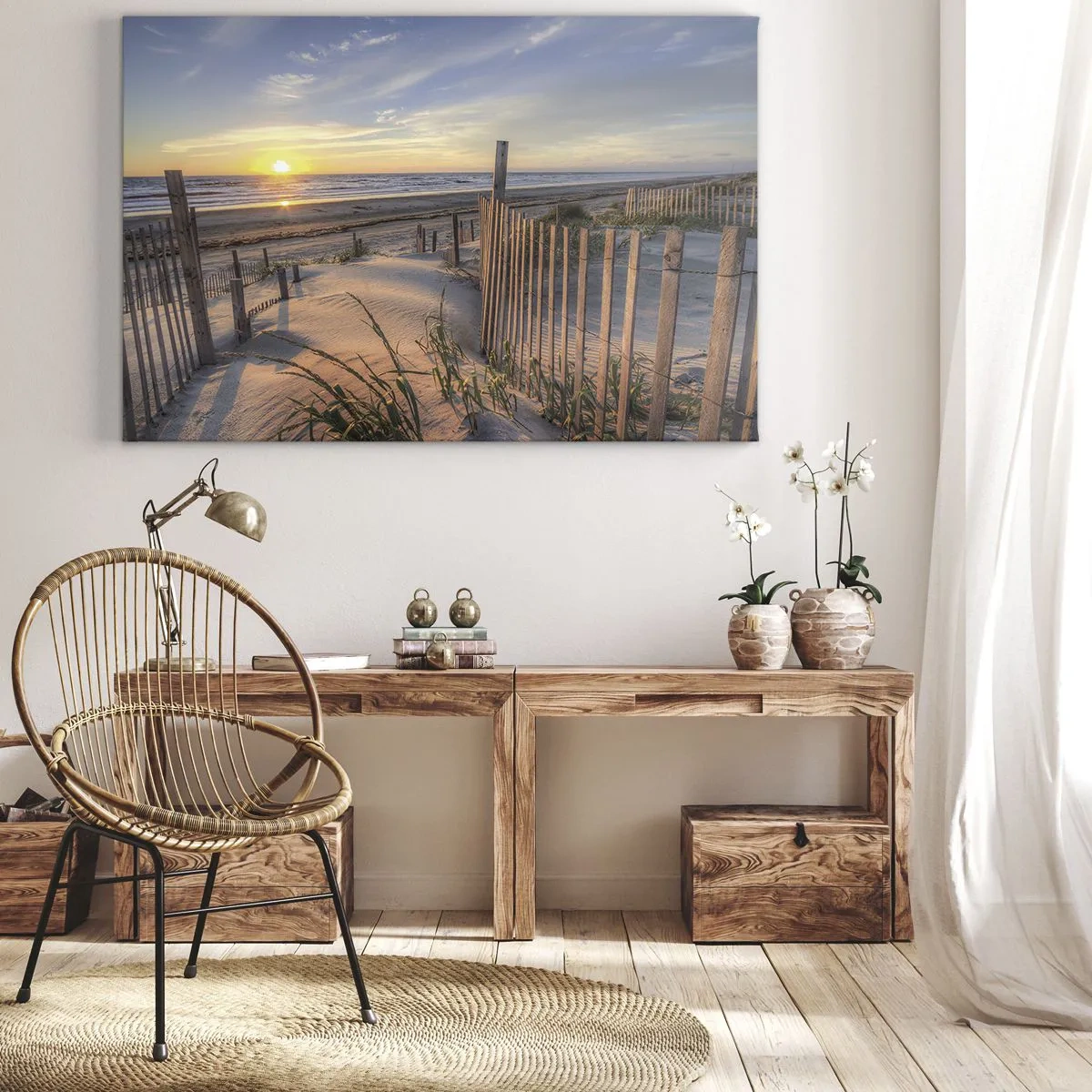 Bild auf Leinwand - Leinwandbild - Sonnenuntergangsstrand mit Holzzaun - 70x50cm - Schein und Schatten des Windes - Moderne Wanddekoration für Wohnzimmer und Schlafzimmer ARTTOR