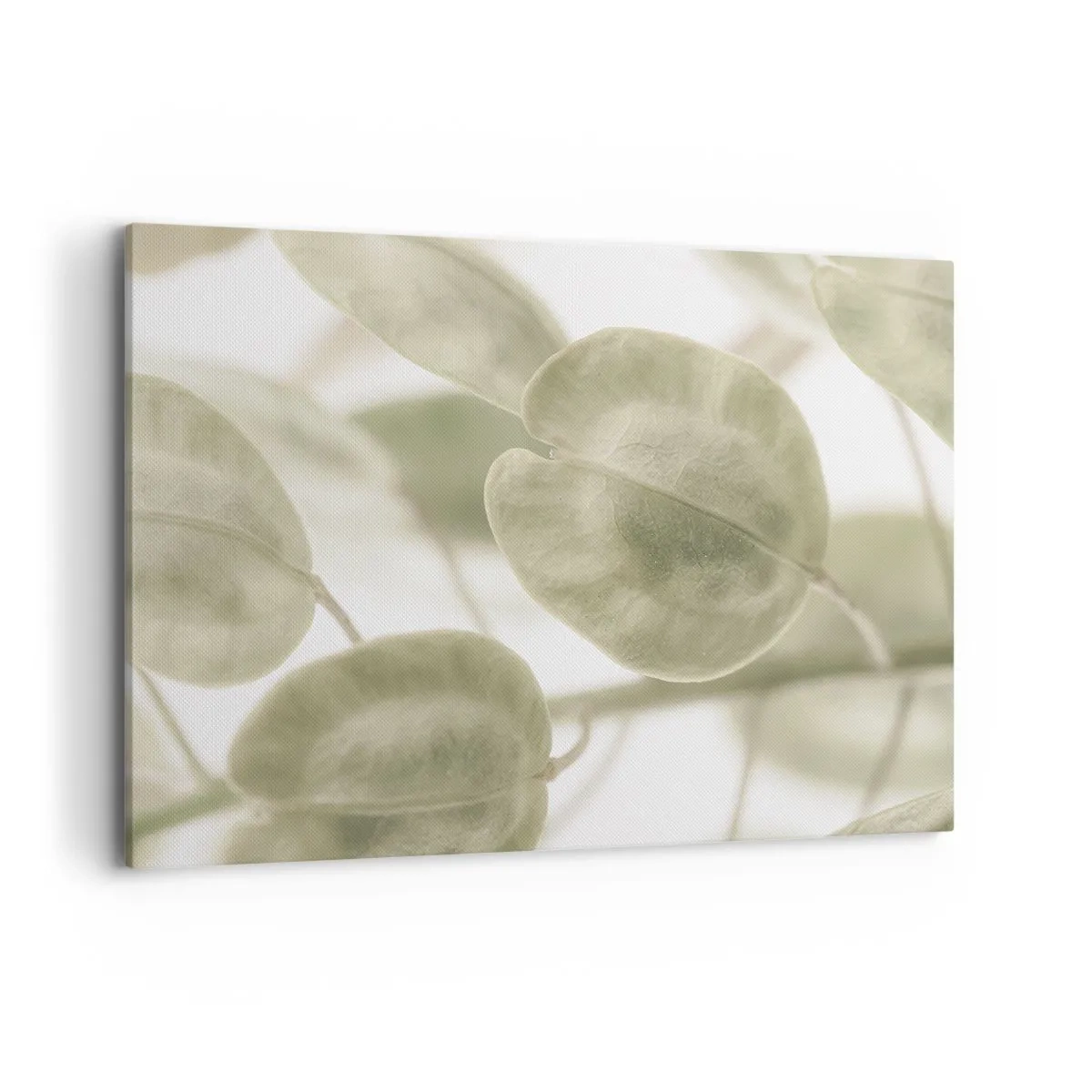 Bild auf Leinwand - Leinwandbild - Ein zartes Gemälde von Blättern in pastellfarbenen Grüntönen auf hellem Hintergrund. - 120x80cm - Am Anfang waren Blätter... - Moderne Wanddekoration für Wohnzimmer und Schlafzimmer ARTTOR