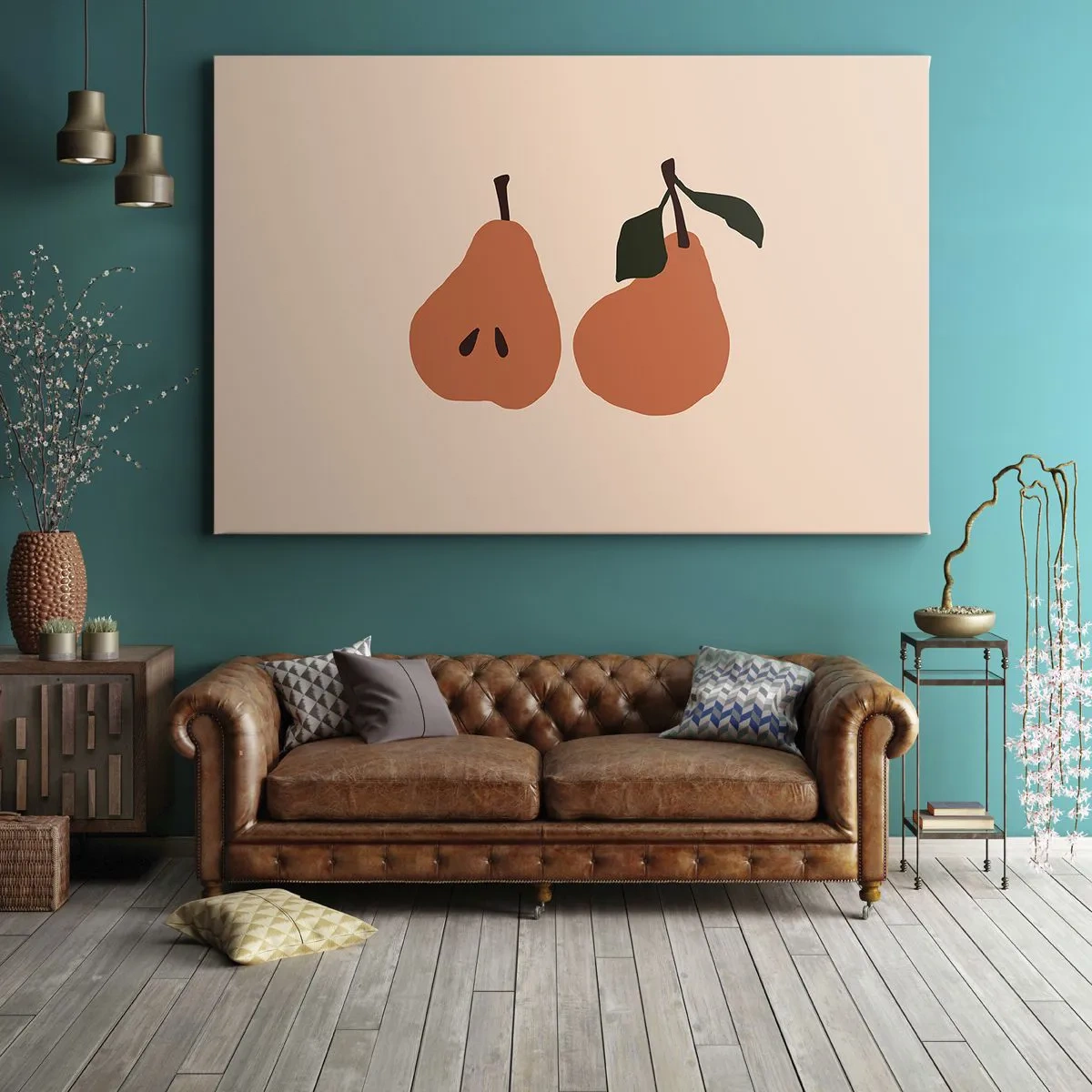 Bild auf Leinwand - Leinwandbild - Eine minimalistische Illustration von zwei Birnen auf beigem Hintergrund. - 120x80cm - Pure Süße - Moderne Wanddekoration für Wohnzimmer und Schlafzimmer ARTTOR