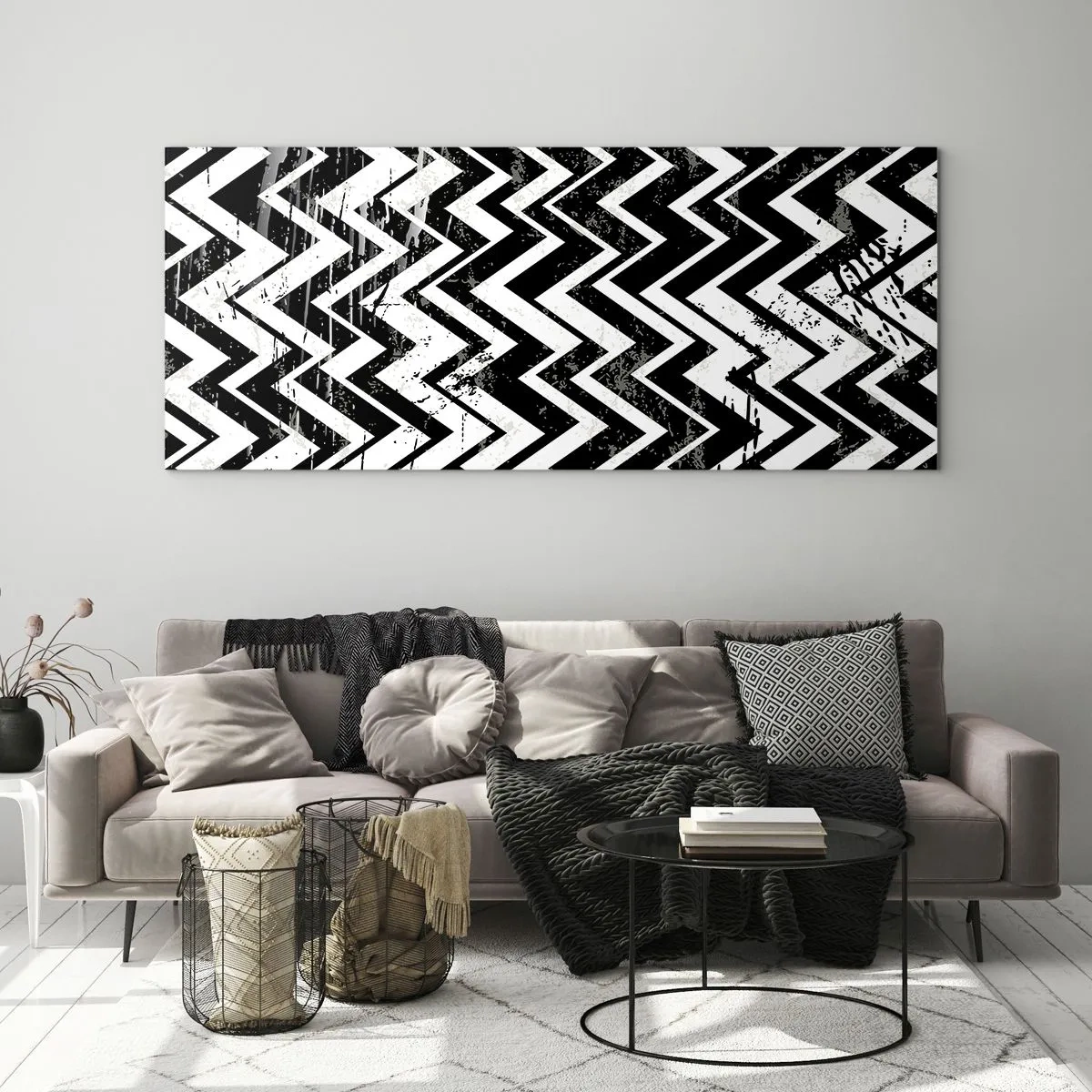 Glasbild - Bild auf glas - Schwarz-weißes Zickzack-Muster mit kunstvollen Abschürfungen - 140x50cm - Zick-weiß, Zack-schwarz - Moderne Wanddekoration für Wohnzimmer und Schlafzimmer ARTTOR