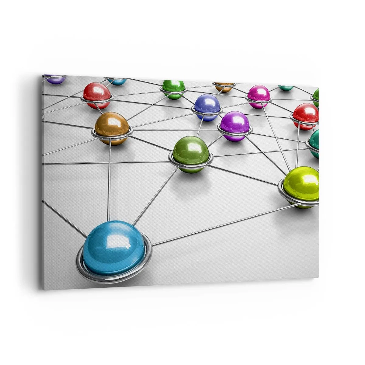 Bild auf Leinwand - Leinwandbild - Bunte Kugeln, die durch dünne Linien auf weißem Hintergrund verbunden sind - 100x70cm - Kosmisches Spinnennetz - Moderne Wanddekoration für Wohnzimmer und Schlafzimmer ARTTOR