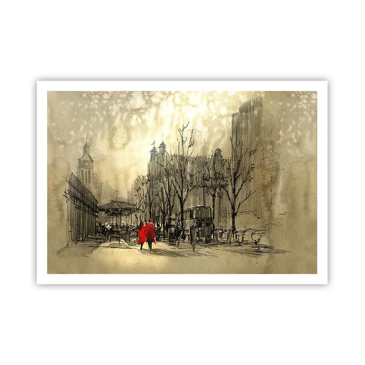 Poster - Eine rote Figur in einer nostalgischen urbanen Umgebung - 100x70cm - Ein Date im Londoner Nebel - Moderne Wanddekoration für Wohnzimmer und Schlafzimmer ARTTOR