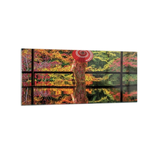 Glasbild - Bild auf glas - Eine Frau im Kimono mit Regenschirm vor dem Hintergrund einer Herbstlandschaft. - 120x50cm - Im Tempel der Natur - Moderne Wanddekoration für Wohnzimmer und Schlafzimmer ARTTOR