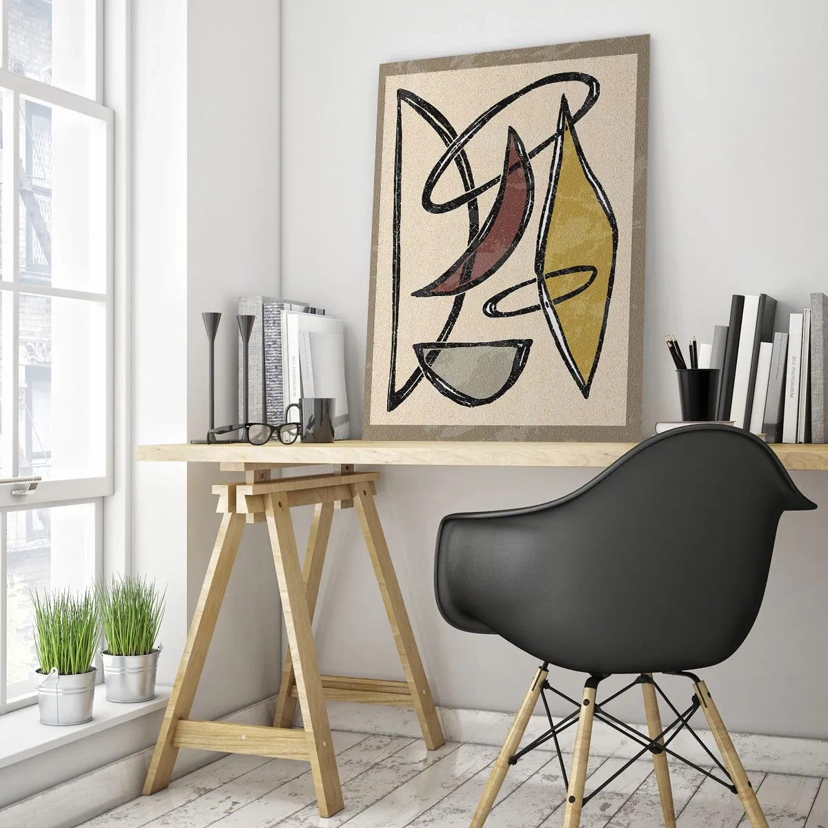 Glasbild - Bild auf glas - Geometrische Abstraktion in Gelb und Rot - 50x70cm - Vertikale und Horizontale - Moderne Wanddekoration für Wohnzimmer und Schlafzimmer ARTTOR