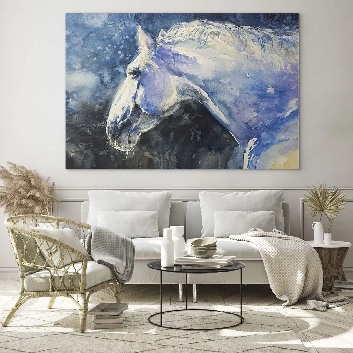 Glasbild - Bild auf glas - Aquarellporträt eines Pferdes in Blautönen - 70x50cm - Porträt in blauem Glanz - Moderne Wanddekoration für Wohnzimmer und Schlafzimmer ARTTOR