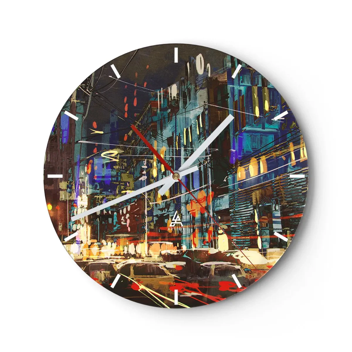 Wanduhr - Glasuhr - Eine farbenfrohe Zusammenfassung, die eine nächtliche Stadt darstellt - 30x30cm - Abendlicher Straßentrubel - Moderne Wanddekoration für Wohnzimmer, Küche und Schlafzimmer ARTTOR