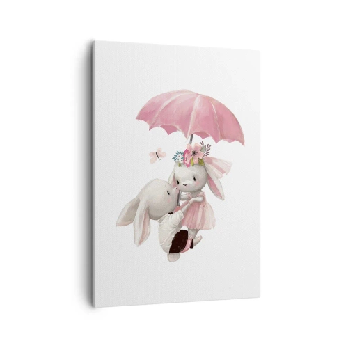 Bild auf Leinwand - Leinwandbild - Süße Häschen unter einem rosa Regenschirm - 50x70cm - Das ist eben Liebe - Moderne Wanddekoration für Wohnzimmer und Schlafzimmer ARTTOR