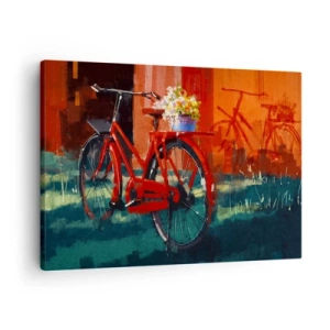 Bild auf Leinwand - Leinwandbild - Ein rotes Fahrrad mit Blumen vor einer orangefarbenen Wand - 70x50cm - Ich möchte mit meinem Fahrrad fahren - Moderne Wanddekoration für Wohnzimmer und Schlafzimmer ARTTOR