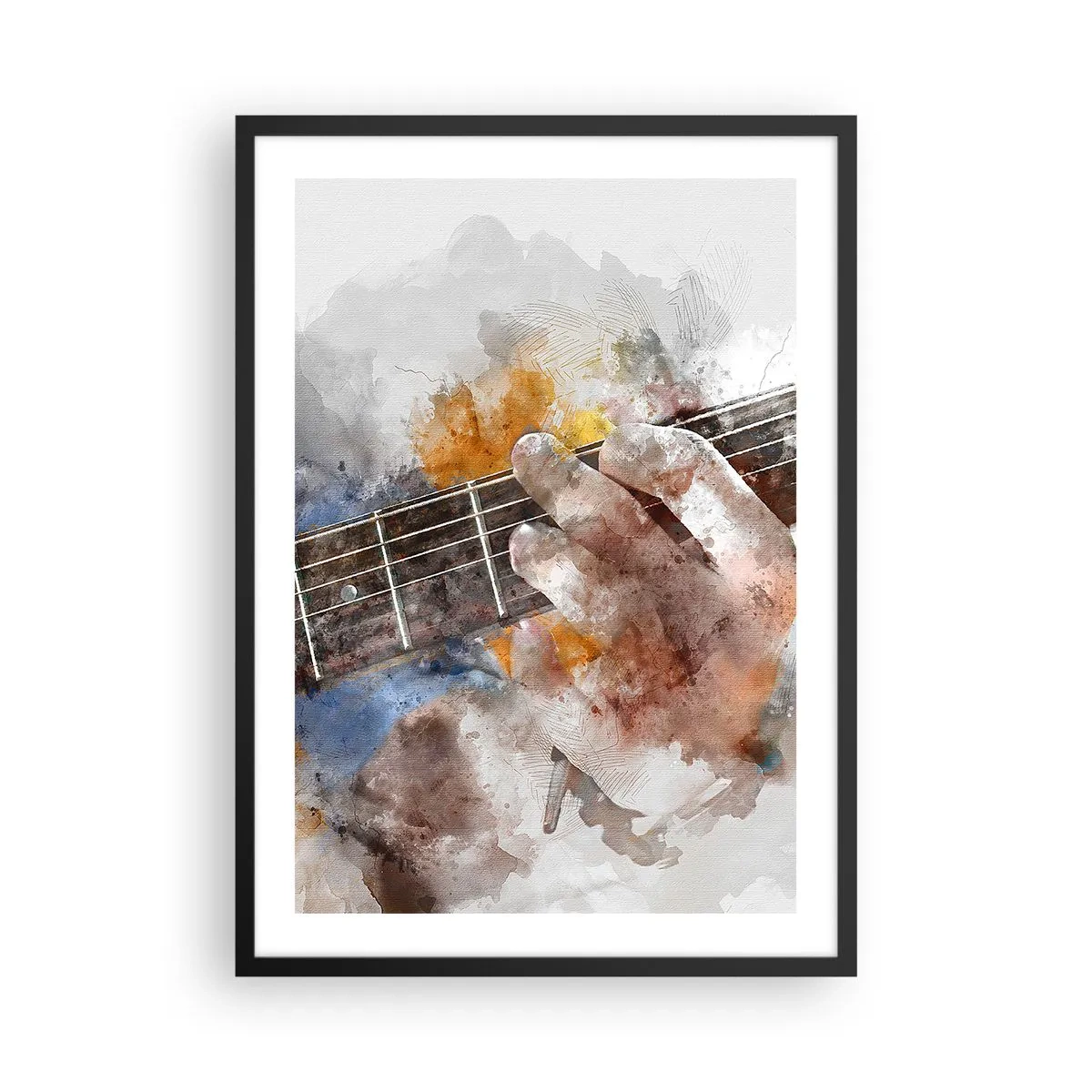 Poster in einem schwarzem Rahmen - Künstlerische Hand spielt Gitarre im Aquarellstil - 50x70cm - Poesie zwischen den Saiten - Moderne Wanddekoration für Wohnzimmer und Schlafzimmer ARTTOR