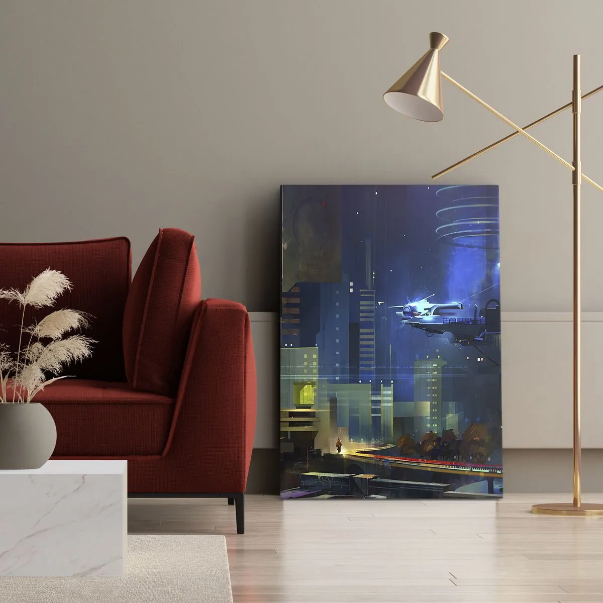 Bild auf Leinwand - Leinwandbild - Futuristische Stadt bei Nacht mit Neonlichtern und einem fliegenden Fahrzeug - 50x70cm - In naher Zukunft - Moderne Wanddekoration für Wohnzimmer und Schlafzimmer ARTTOR