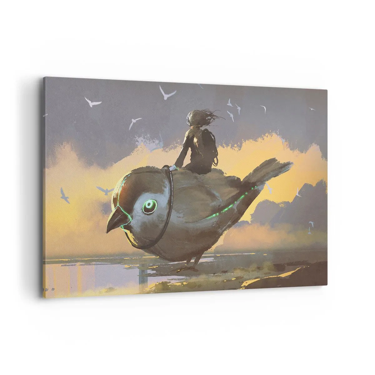 Bild auf Leinwand - Leinwandbild - Reiter auf einem riesigen Vogel in einer surrealen Landschaft - 120x80cm - Ein Stopp auf einer fantastischen Reise - Moderne Wanddekoration für Wohnzimmer und Schlafzimmer ARTTOR