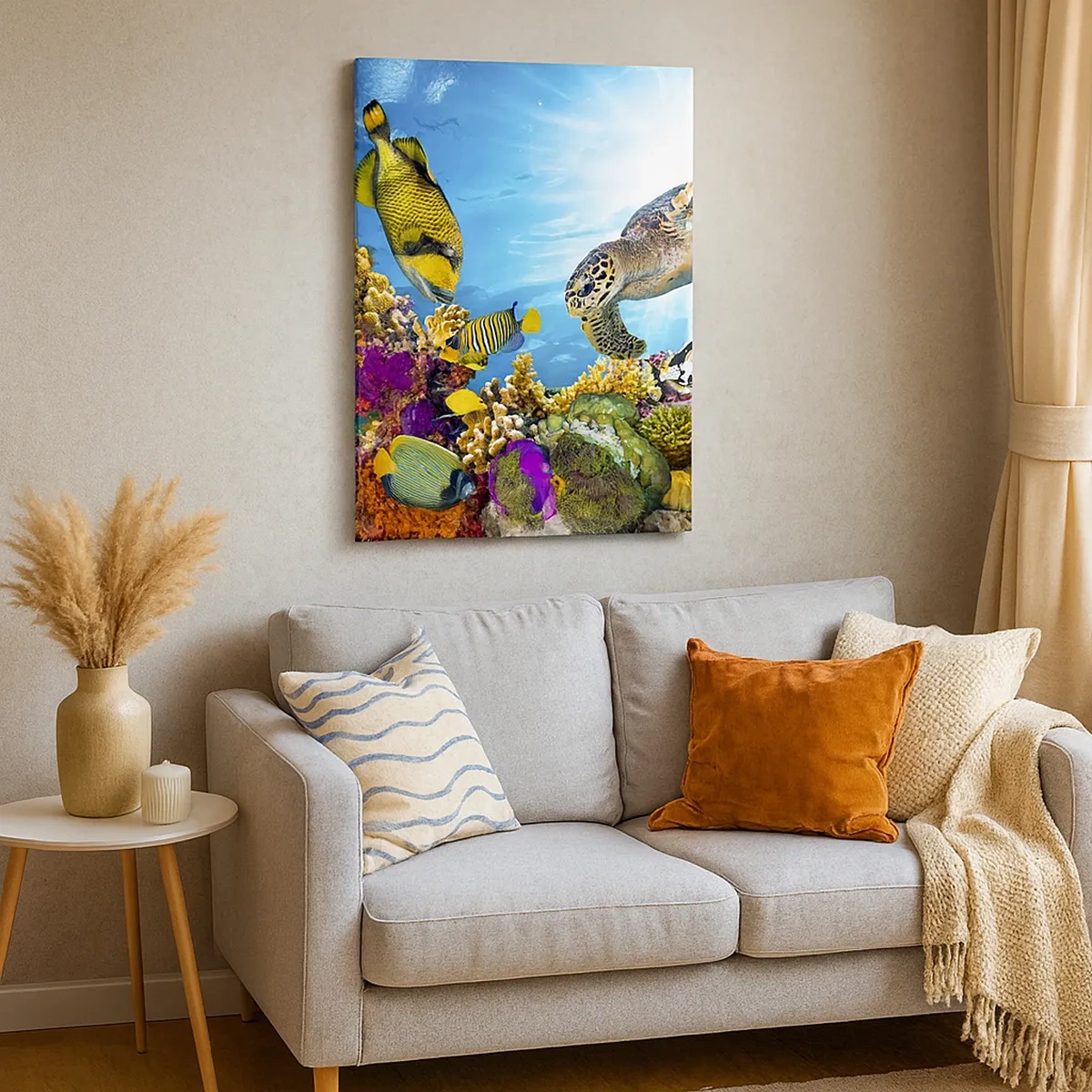 Bild auf Leinwand - Leinwandbild - Unterwasserwelt mit bunten Fischen und einer Schildkröte in den Korallen - 50x70cm - Korallenpromenade - Moderne Wanddekoration für Wohnzimmer und Schlafzimmer ARTTOR