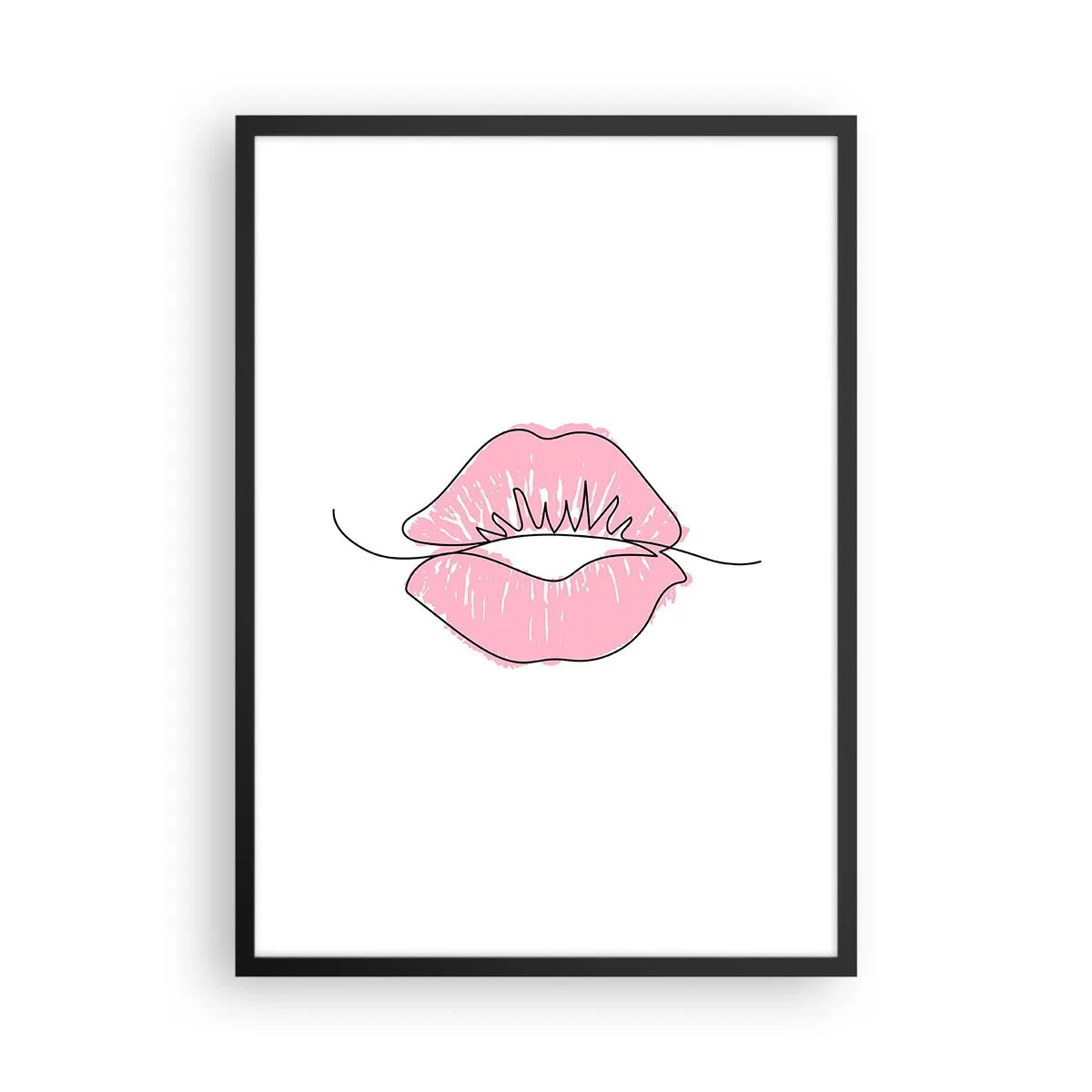 Poster in einem schwarzem Rahmen - Minimalistische Illustration von rosa Lippen auf weißem Hintergrund - 50x70cm - Bereit zum Küssen? - Moderne Wanddekoration für Wohnzimmer und Schlafzimmer ARTTOR