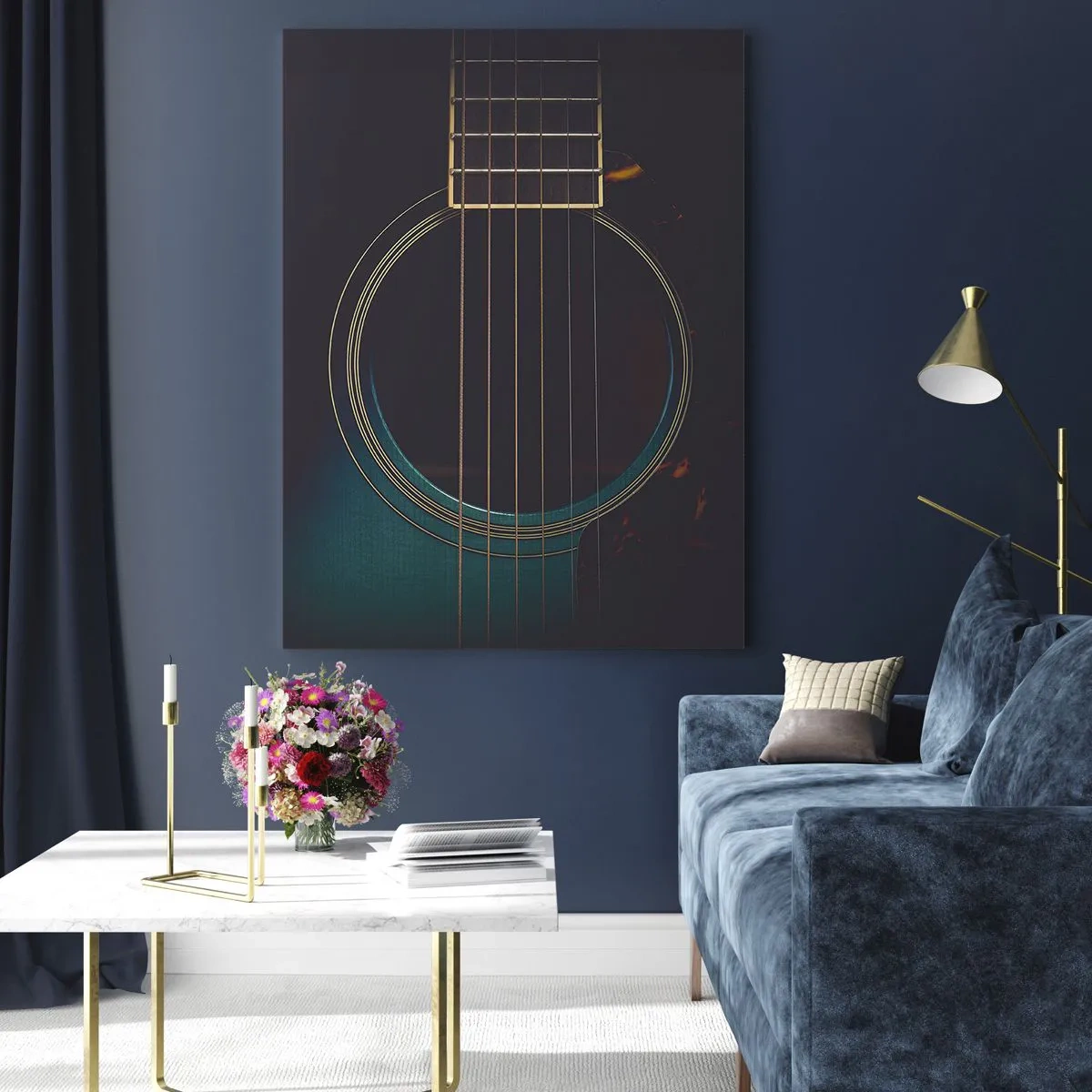 Glasbild - Bild auf glas - Akustikgitarre in dunklem, elegantem Licht - 70x100cm - Einen Moment bevor es ertönt - Moderne Wanddekoration für Wohnzimmer und Schlafzimmer ARTTOR