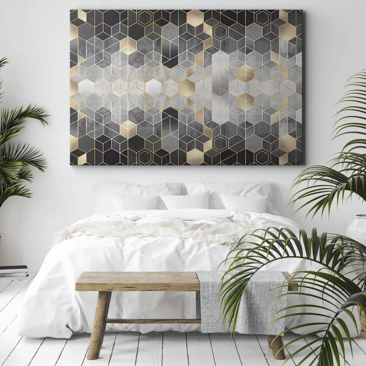 Bild auf Leinwand - Leinwandbild - Geometrisches Muster in goldenen Farbtönen - 120x80cm - Diamant-Komposition - Moderne Wanddekoration für Wohnzimmer und Schlafzimmer ARTTOR