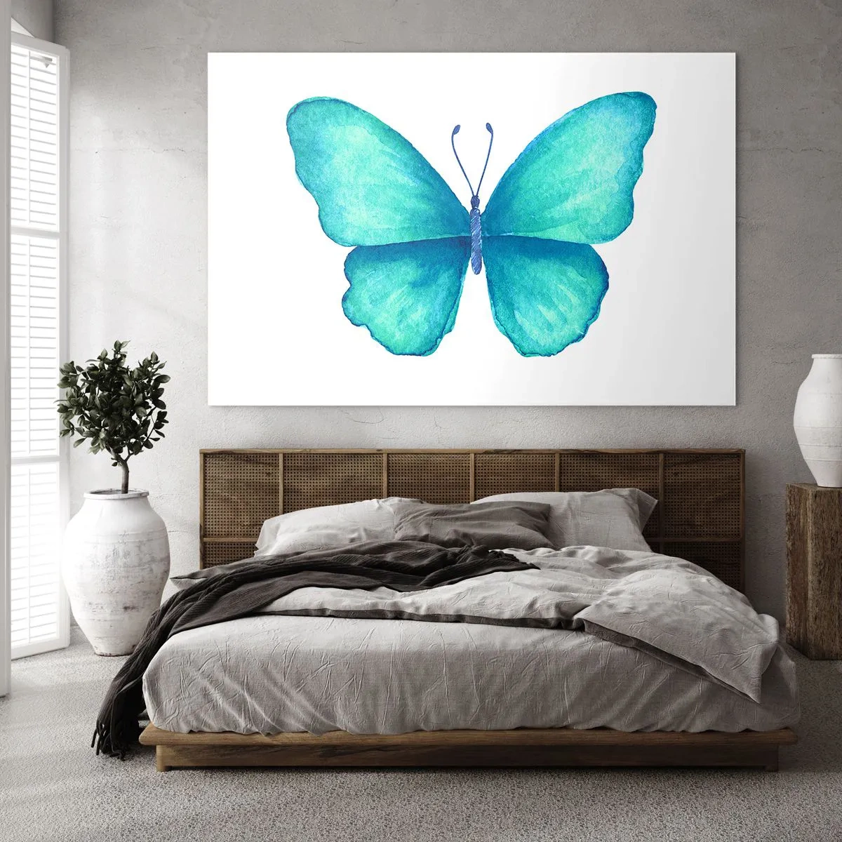 Glasbild - Bild auf glas - Blauer Schmetterling im Aquarellstil auf weißem Hintergrund - 120x80cm - Türkis von Natur aus - Moderne Wanddekoration für Wohnzimmer und Schlafzimmer ARTTOR