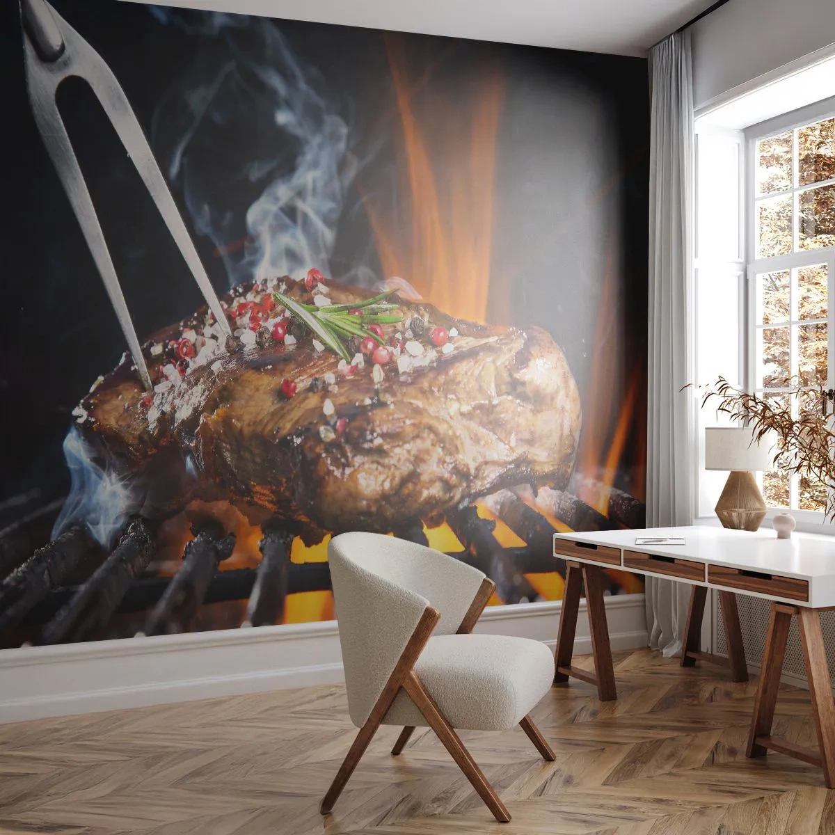 Maßgeschneiderte selbstklebende Fototapete Deluxe Sticker - Saftig und duftend - Gastronomie, Steak, Grill