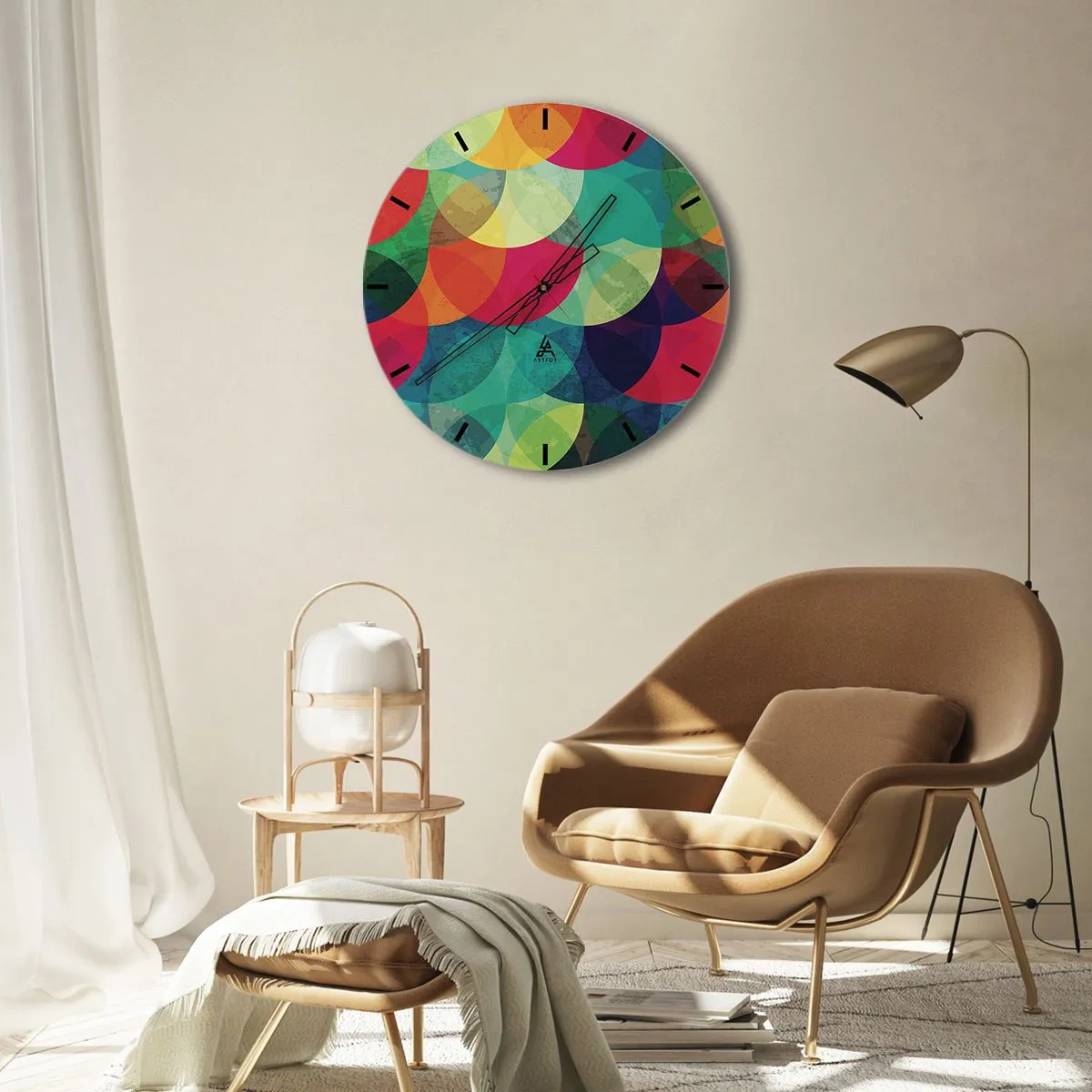 Wanduhr - Glasuhr - Mehrfarbige Kreise überlappen sich in einer geometrischen Komposition - 30x30cm - Aufstieg zum Regenbogen - Moderne Wanddekoration für Wohnzimmer, Küche und Schlafzimmer ARTTOR