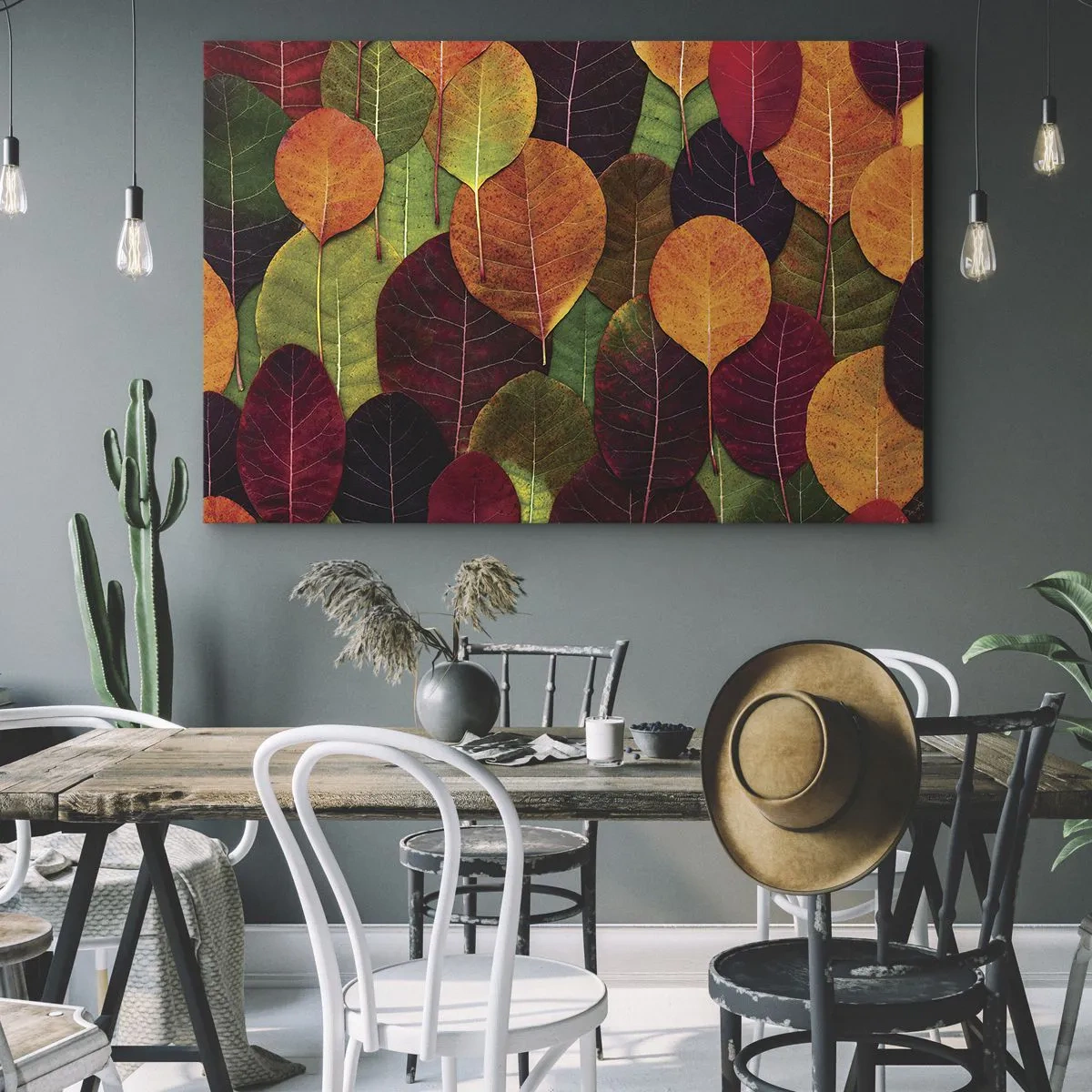 Bild auf Leinwand - Leinwandbild - Bunte Blätter in einem herbstlichen Muster angeordnet - 70x50cm - Herbstmosaik - Moderne Wanddekoration für Wohnzimmer und Schlafzimmer ARTTOR