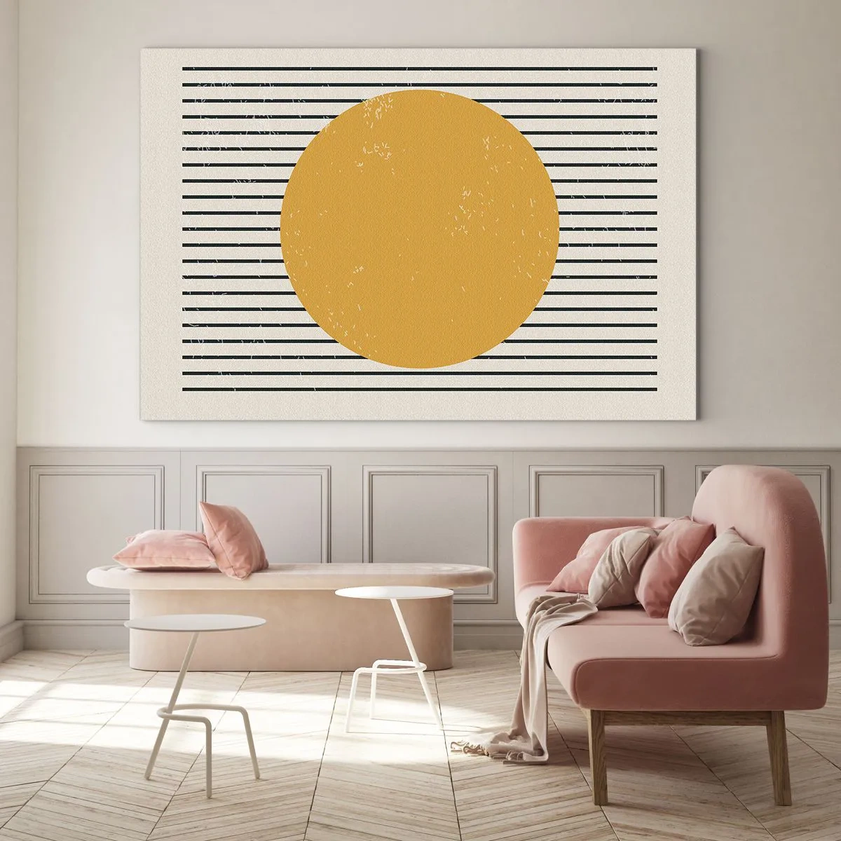 Glasbild - Bild auf glas - Ein orangefarbener Kreis vor einem Hintergrund aus horizontalen schwarzen Linien auf beigem Untergrund. - 100x70cm - Die Kraft der Einfachheit - Moderne Wanddekoration für Wohnzimmer und Schlafzimmer ARTTOR