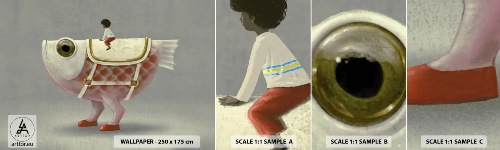 Fototapetenmuster Standard Eco - Reiter auf einem surrealen Fisch - Abstraktion, Fisch, Für Kinder - 100x30 cm