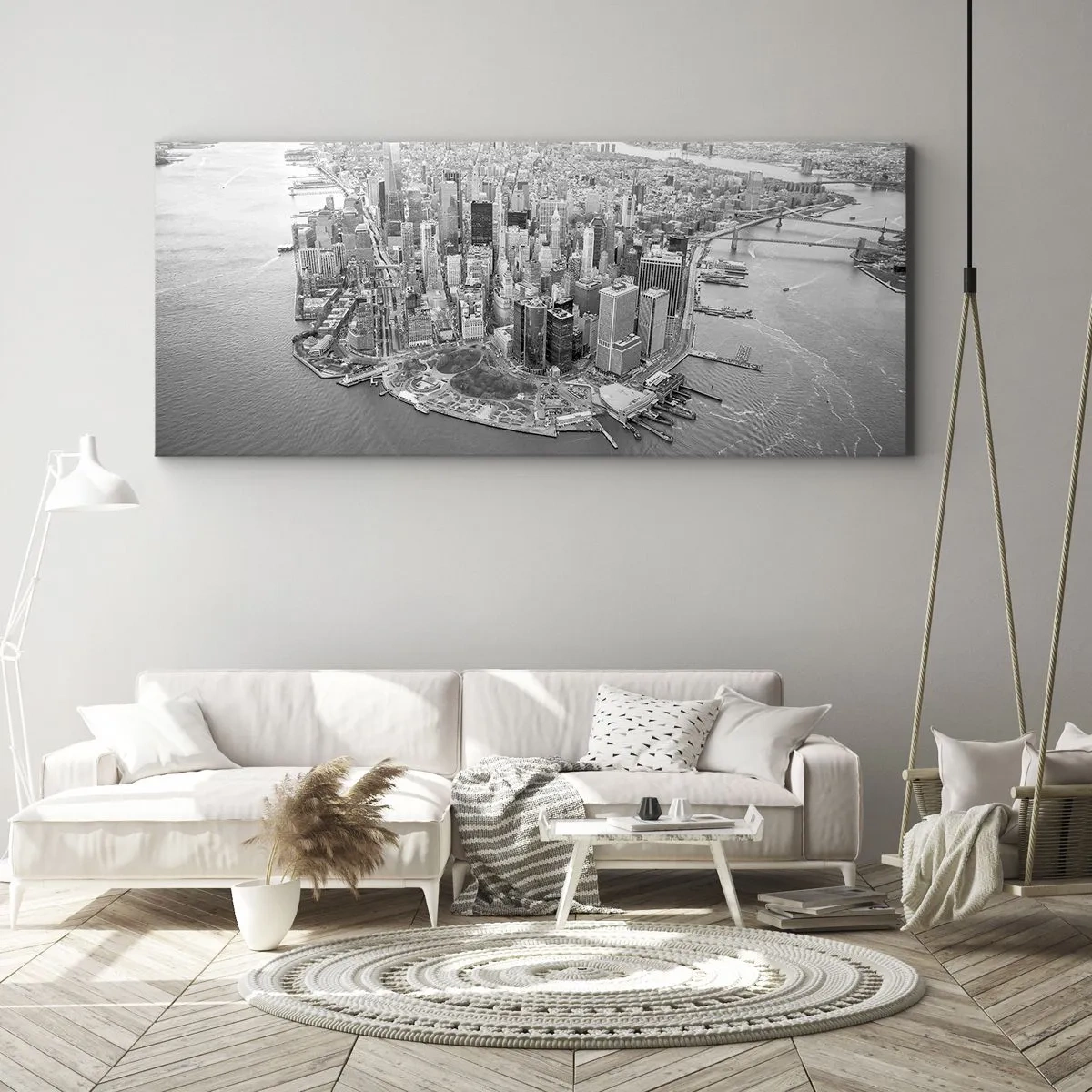 Bild auf Leinwand - Leinwandbild - Luftaufnahme von Manhattan in Schwarzweiß - 140x50cm - Und wie kann es man nicht lieben? - Moderne Wanddekoration für Wohnzimmer und Schlafzimmer ARTTOR