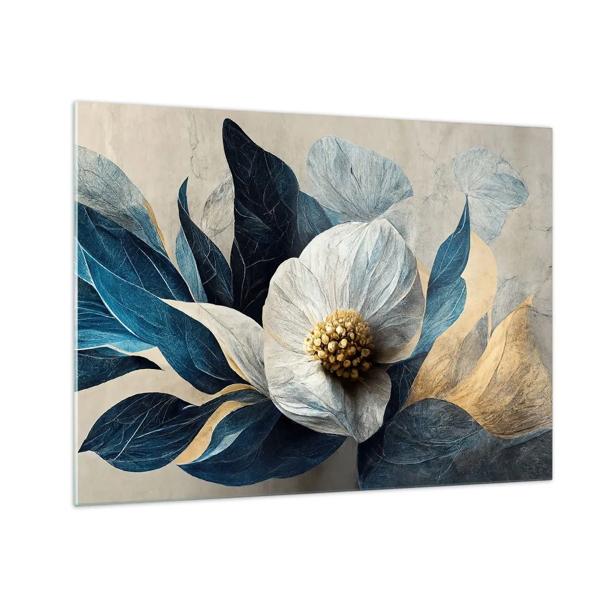 Glasbild - Bild auf glas - Ein weißes Blumenarrangement mit marineblauen Blättern und einer goldenen Mitte - 70x50cm - Er hat ein Herz aus Gold - Moderne Wanddekoration für Wohnzimmer und Schlafzimmer ARTTOR