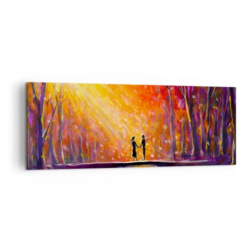 Bild auf Leinwand - Leinwandbild - Romantisches Paar auf einer Brücke im herbstlichen Wald - 140x50cm - Der Himmel liebt sie auch - Moderne Wanddekoration für Wohnzimmer und Schlafzimmer ARTTOR