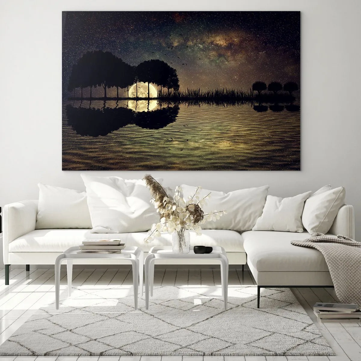 Glasbild - Bild auf glas - Nachtszene mit einem im Wasser reflektierten Vollmond - 120x80cm - Nacht am Ende der Welt - Moderne Wanddekoration für Wohnzimmer und Schlafzimmer ARTTOR