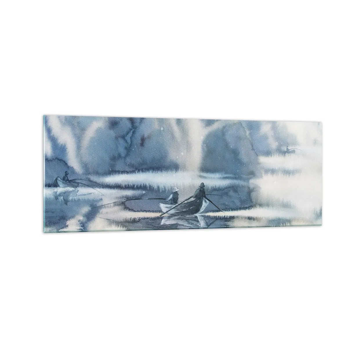 Glasbild - Bild auf glas - Aquarelllandschaft mit Booten auf einem See, umgeben von einem nebligen Wald - 140x50cm - Angler in ihrem Paradies - Moderne Wanddekoration für Wohnzimmer und Schlafzimmer ARTTOR