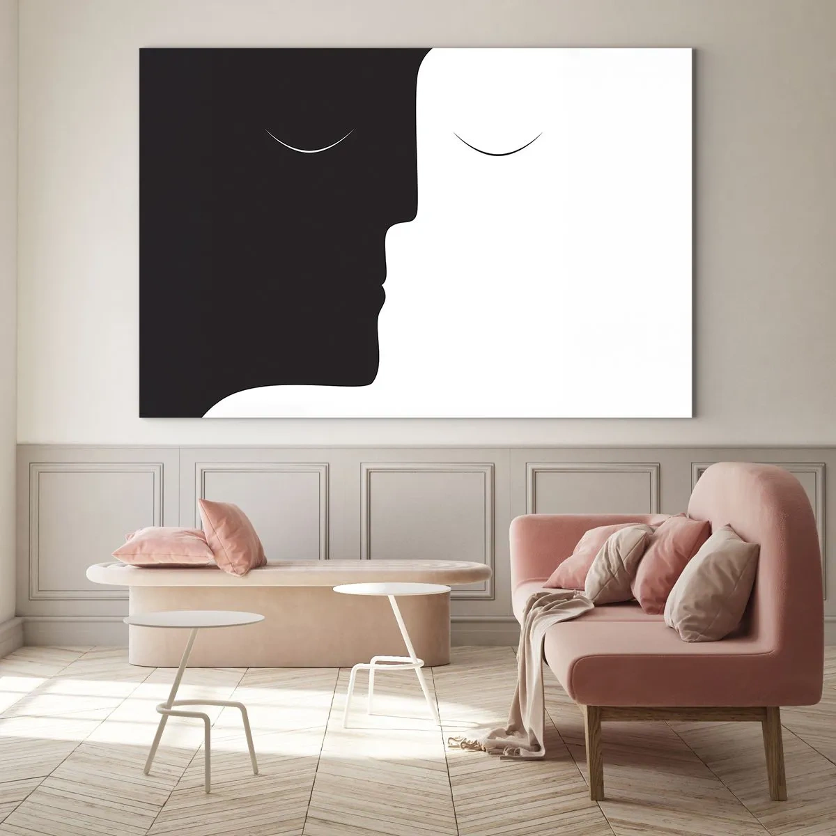 Glasbild - Bild auf glas - Minimalistische schwarz-weiße Gesichter bilden eine Einheit - 100x70cm - Einheit der Gegensätze - Moderne Wanddekoration für Wohnzimmer und Schlafzimmer ARTTOR