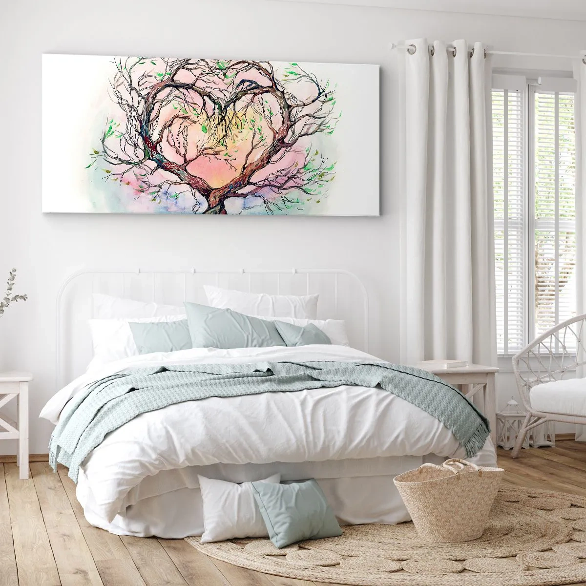 Bild auf Leinwand - Leinwandbild - Ein herzförmiger Baum vor einem Hintergrund aus zarten Pastellfarben - 160x50cm - Gemeinsam gegen die Stürme - Moderne Wanddekoration für Wohnzimmer und Schlafzimmer ARTTOR