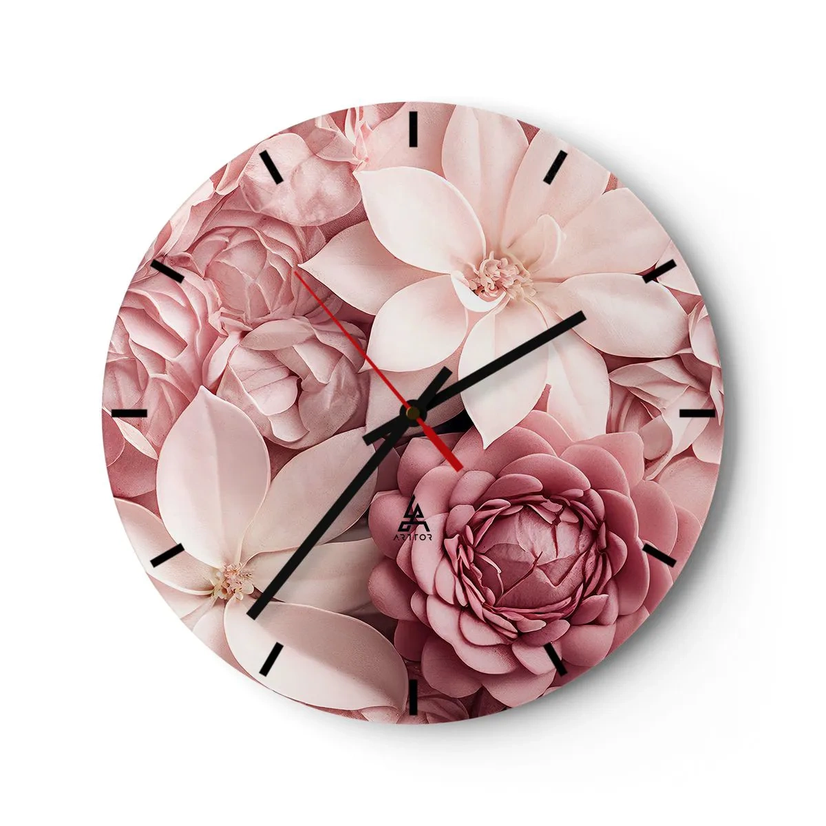 Wanduhr - Glasuhr - Eine Komposition aus rosa Blüten in verschiedenen Schattierungen und Formen - 30x30cm - In rosa Blütenblättern - Moderne Wanddekoration für Wohnzimmer, Küche und Schlafzimmer ARTTOR