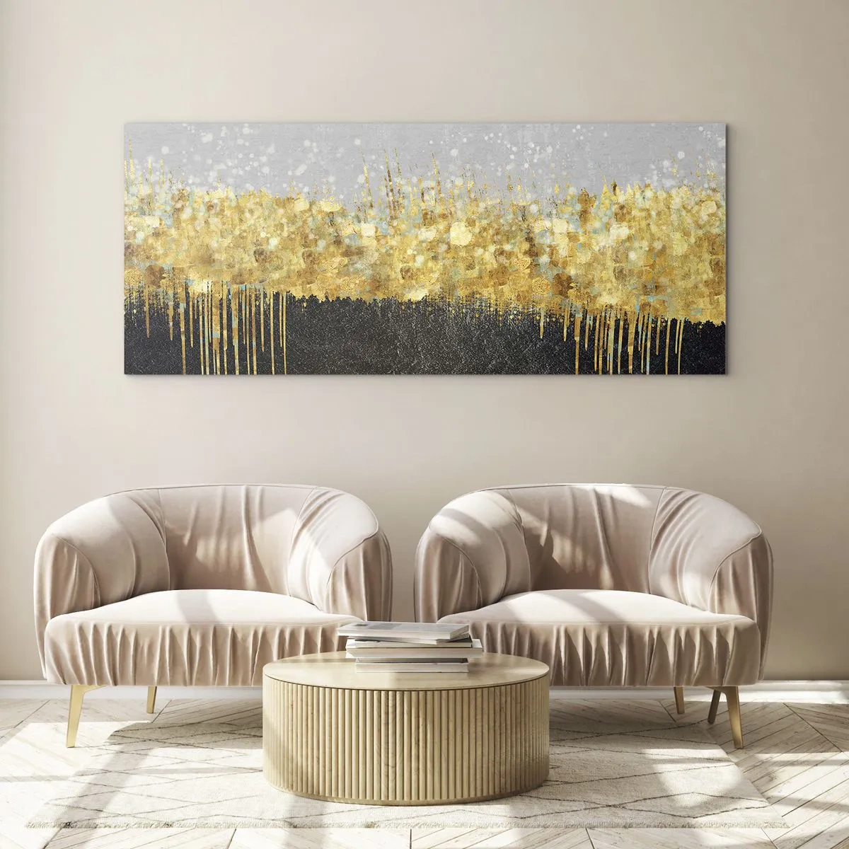 Glasbild - Bild auf glas - Abstrakte Komposition in Gold- und Schwarztönen - 160x50cm - Nach innen und nach oben - Moderne Wanddekoration für Wohnzimmer und Schlafzimmer ARTTOR