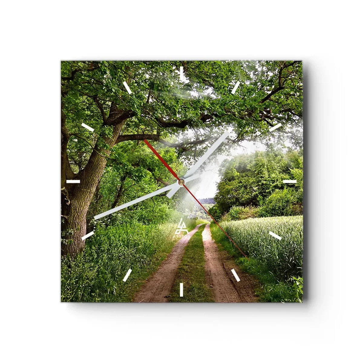 Wanduhr - Glasuhr - Eine unbefestigte Straße zwischen grünen Bäumen und Sonnenlicht - 30x30cm - Et in Arcadia ego - Moderne Wanddekoration für Wohnzimmer und Schlafzimmer ARTTOR