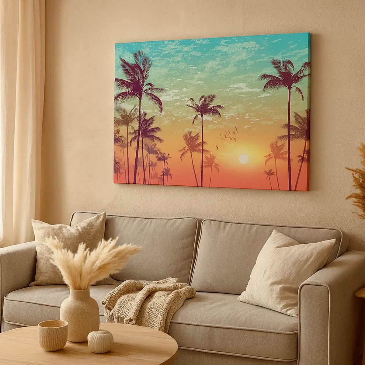 Bild auf Leinwand - Leinwandbild - Sonnenuntergang mit Palmen vor einem bunten Himmel - 70x50cm - Tropische Stimmung - Moderne Wanddekoration für Wohnzimmer und Schlafzimmer ARTTOR