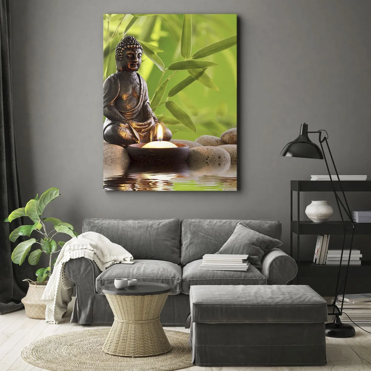 Bild auf Leinwand - Leinwandbild - Buddha-Figur mit Steinen und einer Kerze vor Bambus-Hintergrund - 50x70cm - Das Leben ist wunderschoen - Moderne Wanddekoration für Wohnzimmer und Schlafzimmer ARTTOR