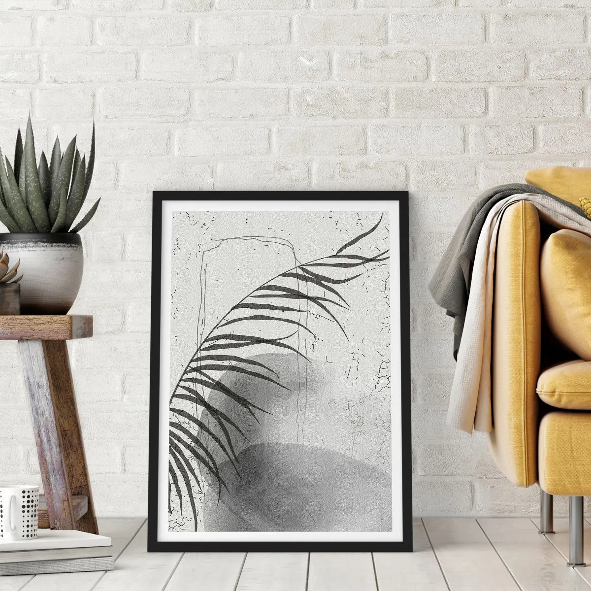 Poster in einem schwarzem Rahmen - Eine minimalistische botanische Komposition in Grautönen - 50x70cm - Subtile Exotik der Natur - Moderne Wanddekoration für Wohnzimmer und Schlafzimmer ARTTOR