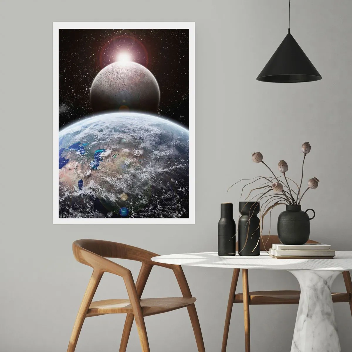 Poster - Planeten Erde und Mond im Weltraum - 50x70cm - Weltraumlandschaft - Sonnenaufgang - Moderne Wanddekoration für Wohnzimmer und Schlafzimmer ARTTOR