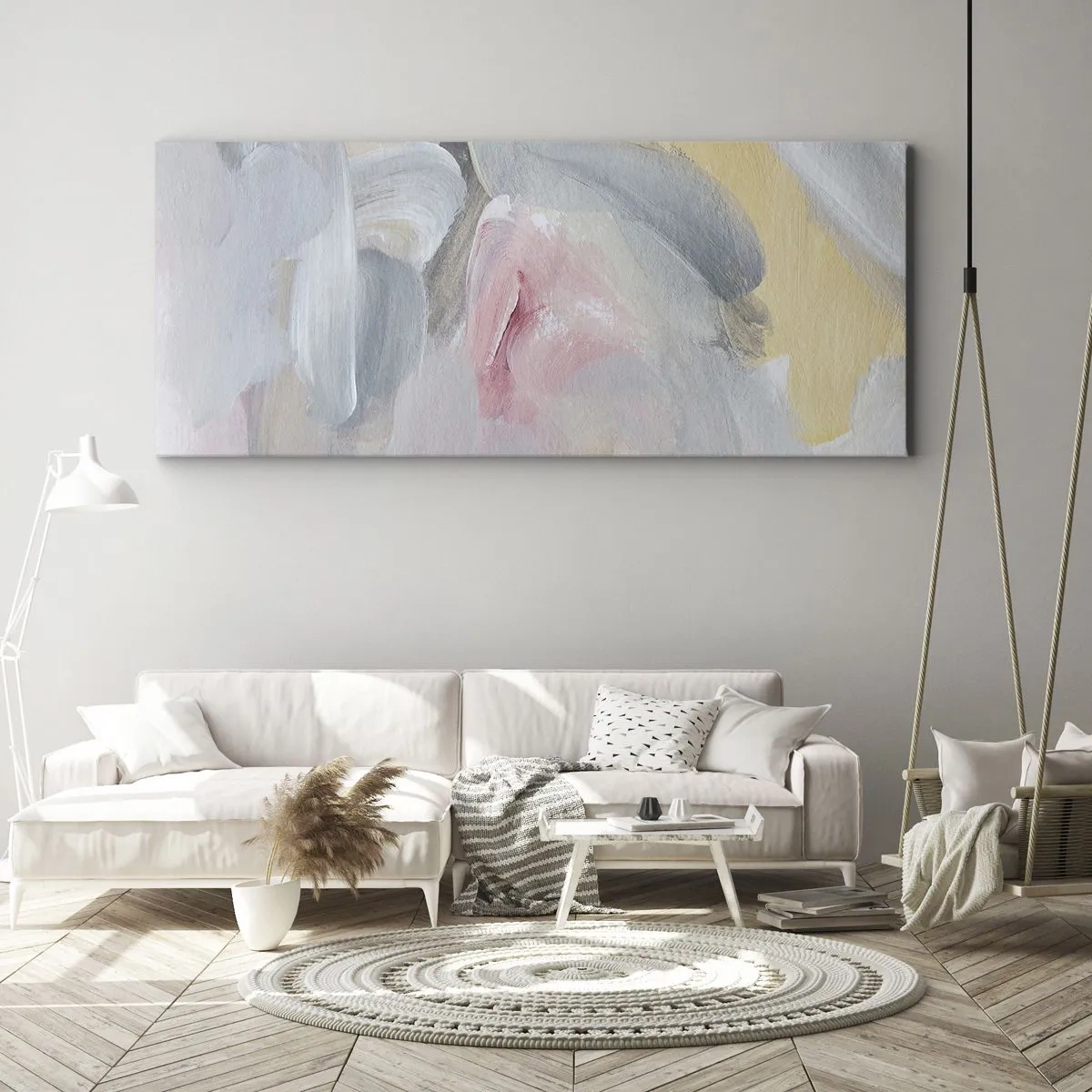 Bild auf Leinwand - Leinwandbild - Abstrakte Pastellstriche in Rosa- und Grautönen. - 140x50cm - In einer Pastellwelt - Moderne Wanddekoration für Wohnzimmer und Schlafzimmer ARTTOR