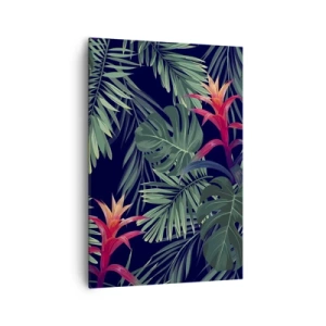 Bild auf Leinwand - Leinwandbild - Tropische Blätter und Blüten auf dunklem Hintergrund - 70x100cm - Im Grünen in Flammen gehen - Moderne Wanddekoration für Wohnzimmer und Schlafzimmer ARTTOR