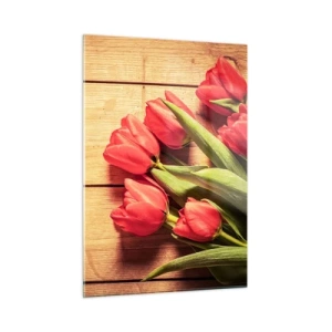 Glasbild - Bild auf glas - Rote Tulpen auf einem Holzbrett - 50x70cm - Frühlingsgeständnis - Moderne Wanddekoration für Wohnzimmer und Schlafzimmer ARTTOR
