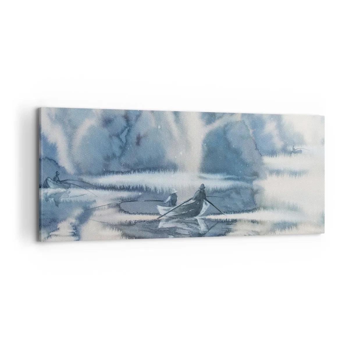 Bild auf Leinwand - Leinwandbild - Aquarelllandschaft mit Booten auf einem See, umgeben von einem nebligen Wald - 120x50cm - Angler in ihrem Paradies - Moderne Wanddekoration für Wohnzimmer und Schlafzimmer ARTTOR