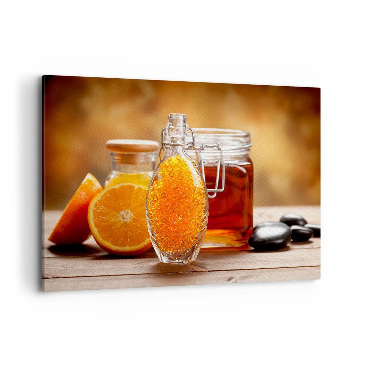 Bild auf Leinwand - Leinwandbild - Eine Flasche bernsteinfarbene Flüssigkeit und frische Orangen - 120x80cm - Sonnige Aromen und Düfte - Moderne Wanddekoration für Wohnzimmer und Schlafzimmer ARTTOR